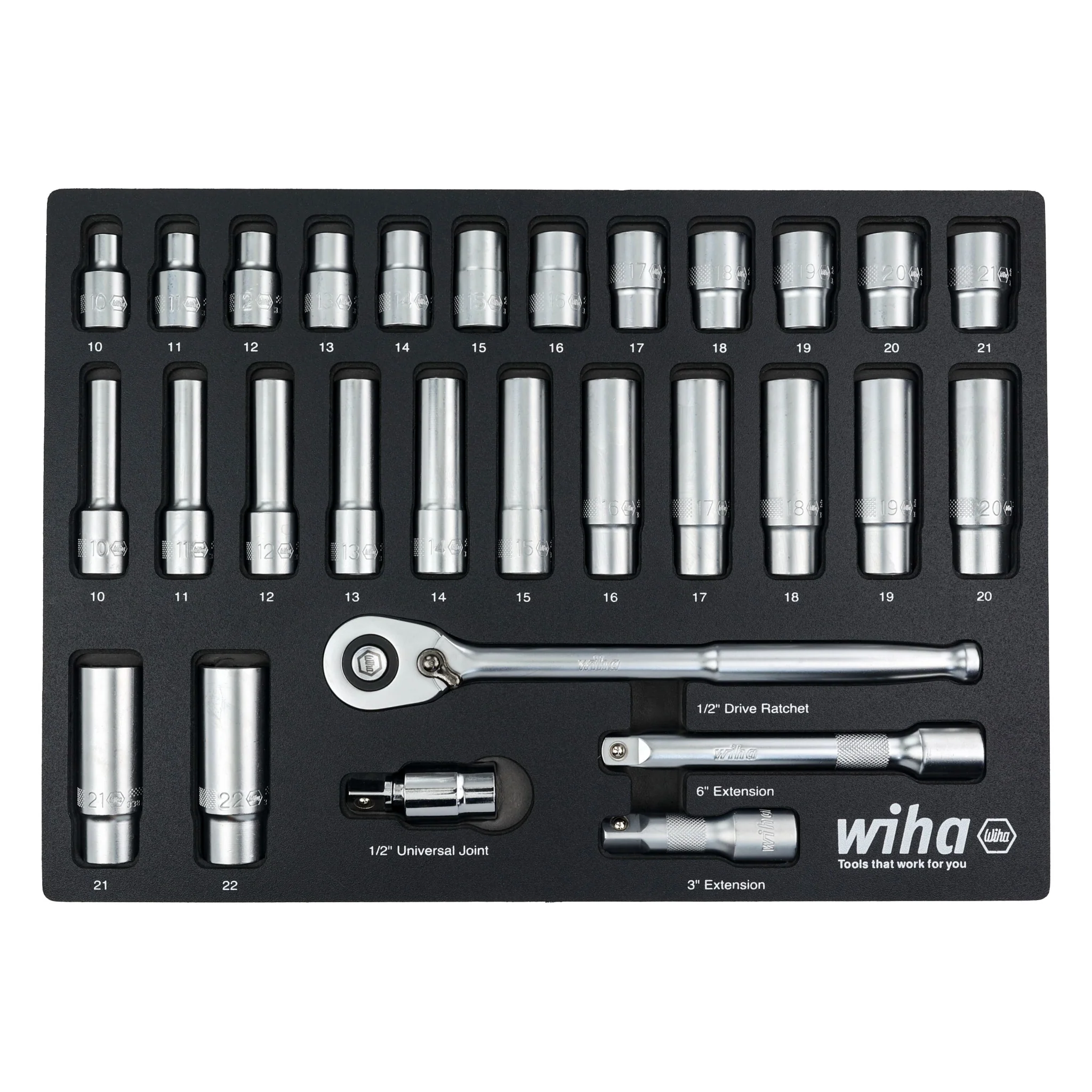 29 Piece 1/2" Drive Professional Standard and Deep Socket Tray Set - Metric
