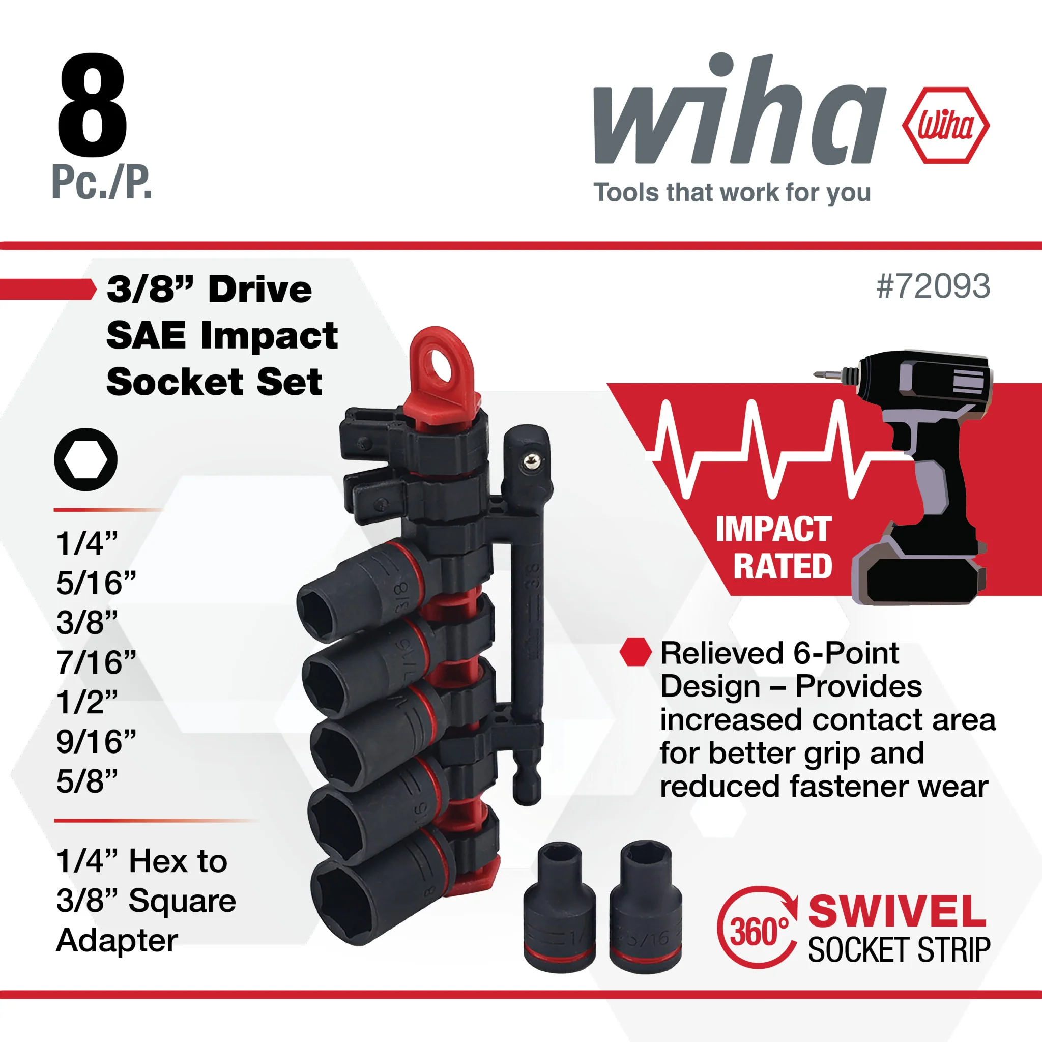 8 Piece 3/8" Drive SAE Impact Socket Set - Image 2