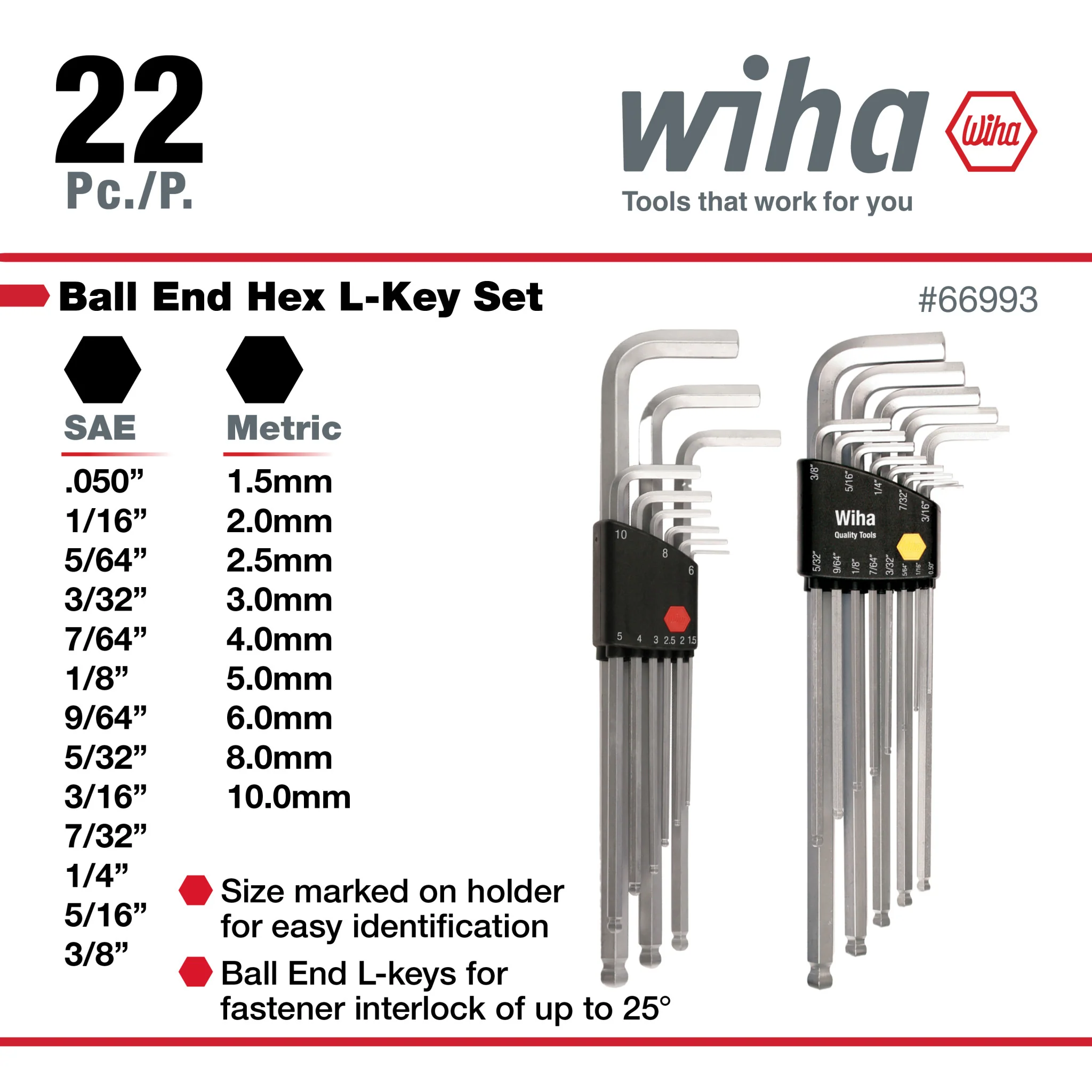 22 Piece Ball End Hex L-Key Set - Inch - Metric - Image 3