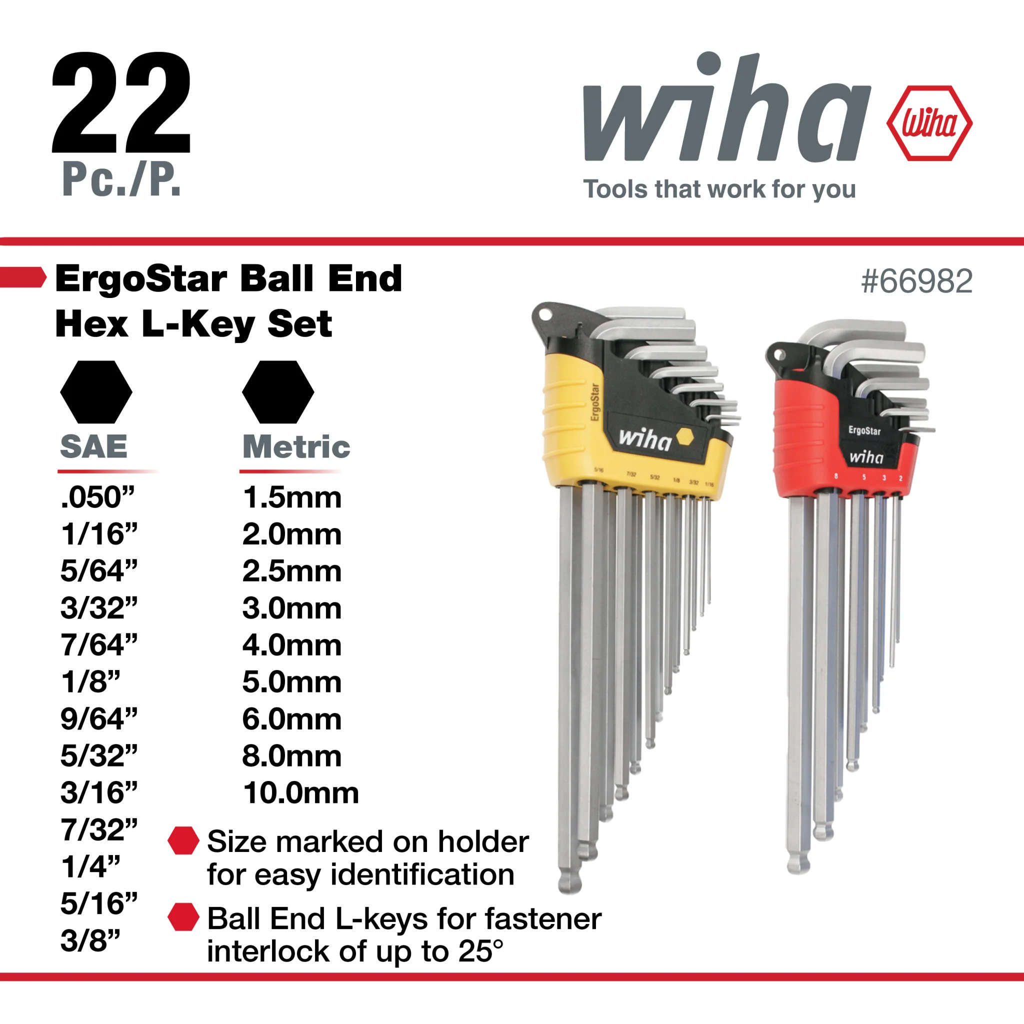 22 Piece ErgoStar Ball End Hex L-Key Set - Inch, Metric - Image 3