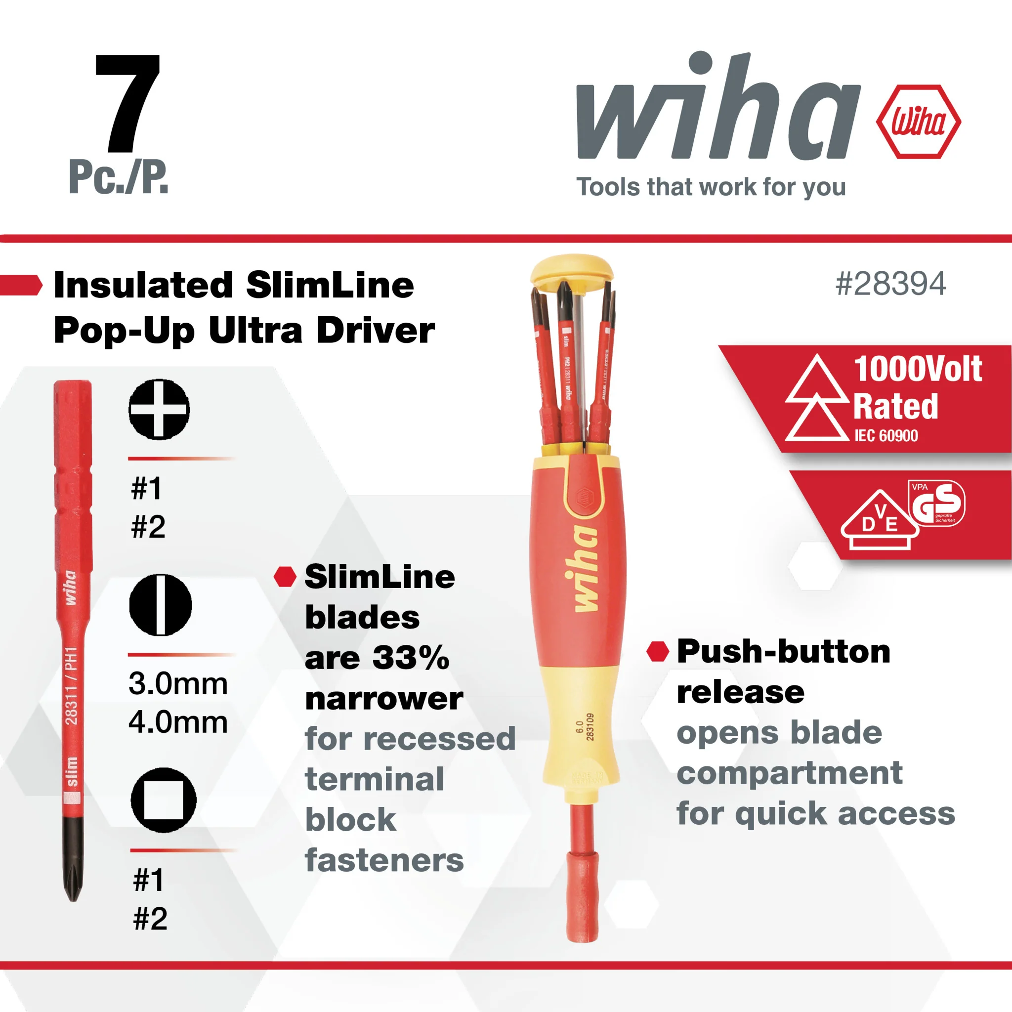 7 Piece Insulated SlimLine Ultra-Driver Blade Set Slotted, Phillips, Square - Image 3
